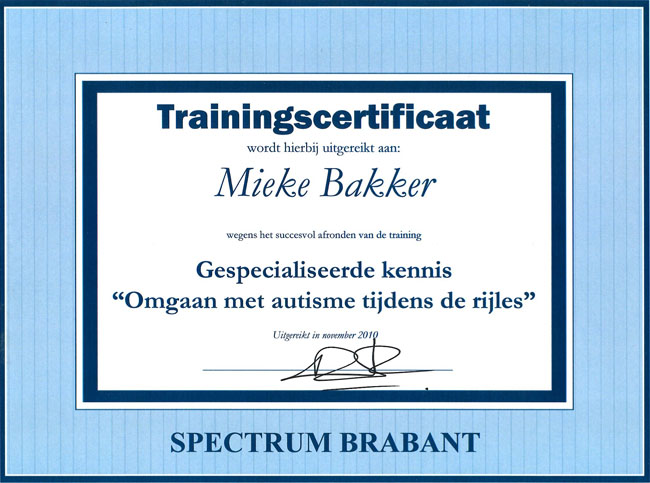 Certificaat rijles en autisme Specialisatie